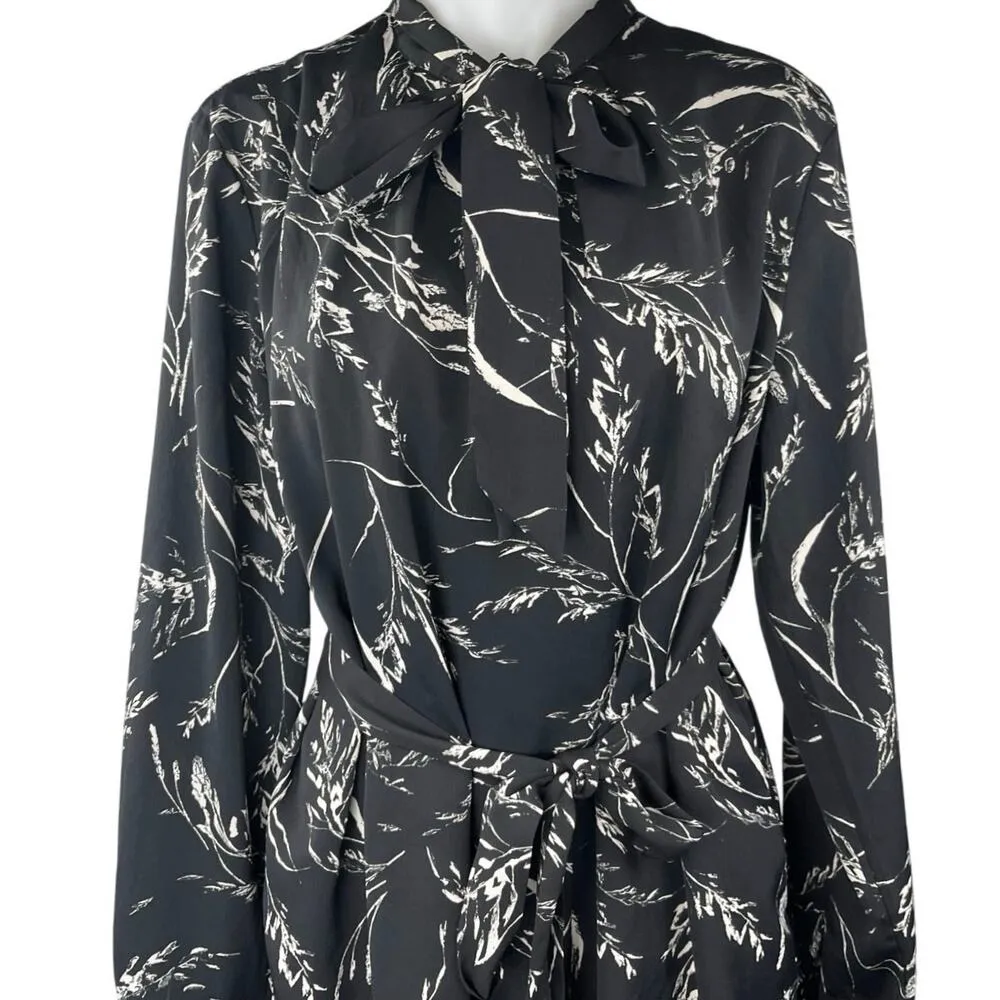 H&M Black White Printed Tie Neck Long Sleeve Blouse Midi Skirt 2-Piece Set Sz 14 - Image 3