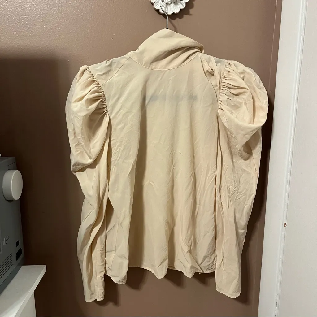 Marie Oliver Elegant Cream Silk Puff Sleeve Long Sleeve Women's Tie Neck Blouse - Image 2