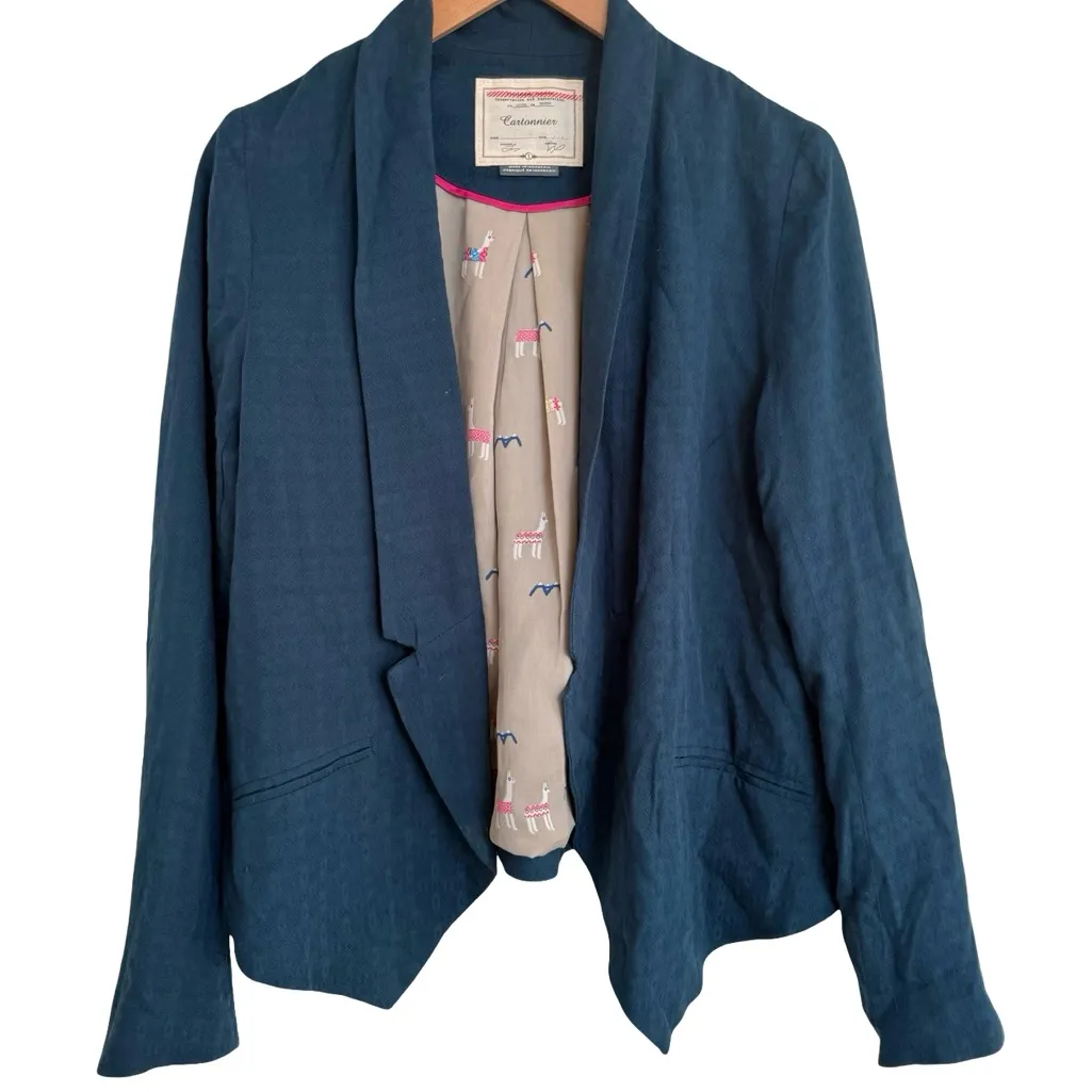 Anthropologie Cartonnier Camello Alpaca Print Draped Blazer Small S Navy - Image 2