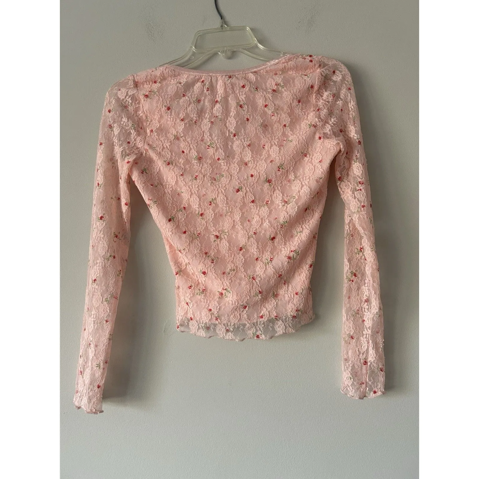 Thirty Thirty Pink Floral Rose Lace Top Mesh Sleeve Bow Detail Coquette Size S - Image 2