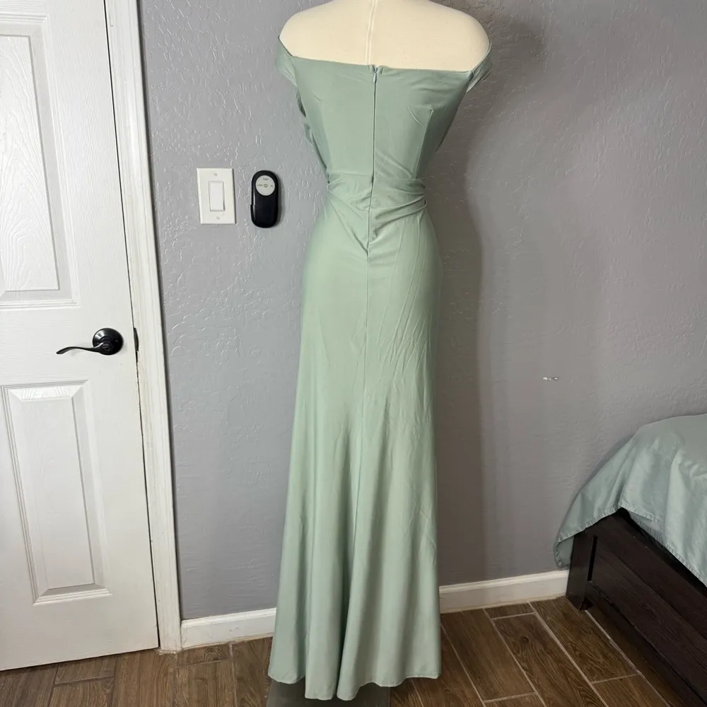 Faeriesty Plus Off Shoulder Ruched Wrap Hem Slit Gown, Green, 1XL Green Size 1X - Image 2