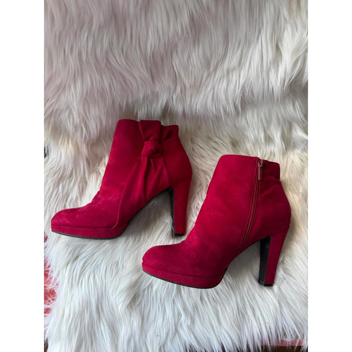 Impo Red Suede Women's Ankle Boots with Side Zipper and Bow Detail - Image 3