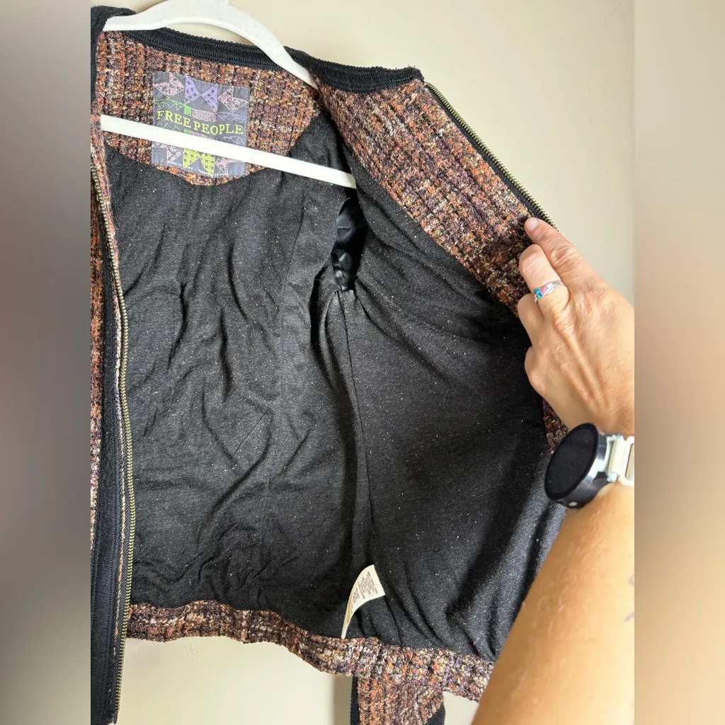 Free People  “Coco” Vintage Tweed Wool Fitted Lined Jacket Sz 2 - Image 7