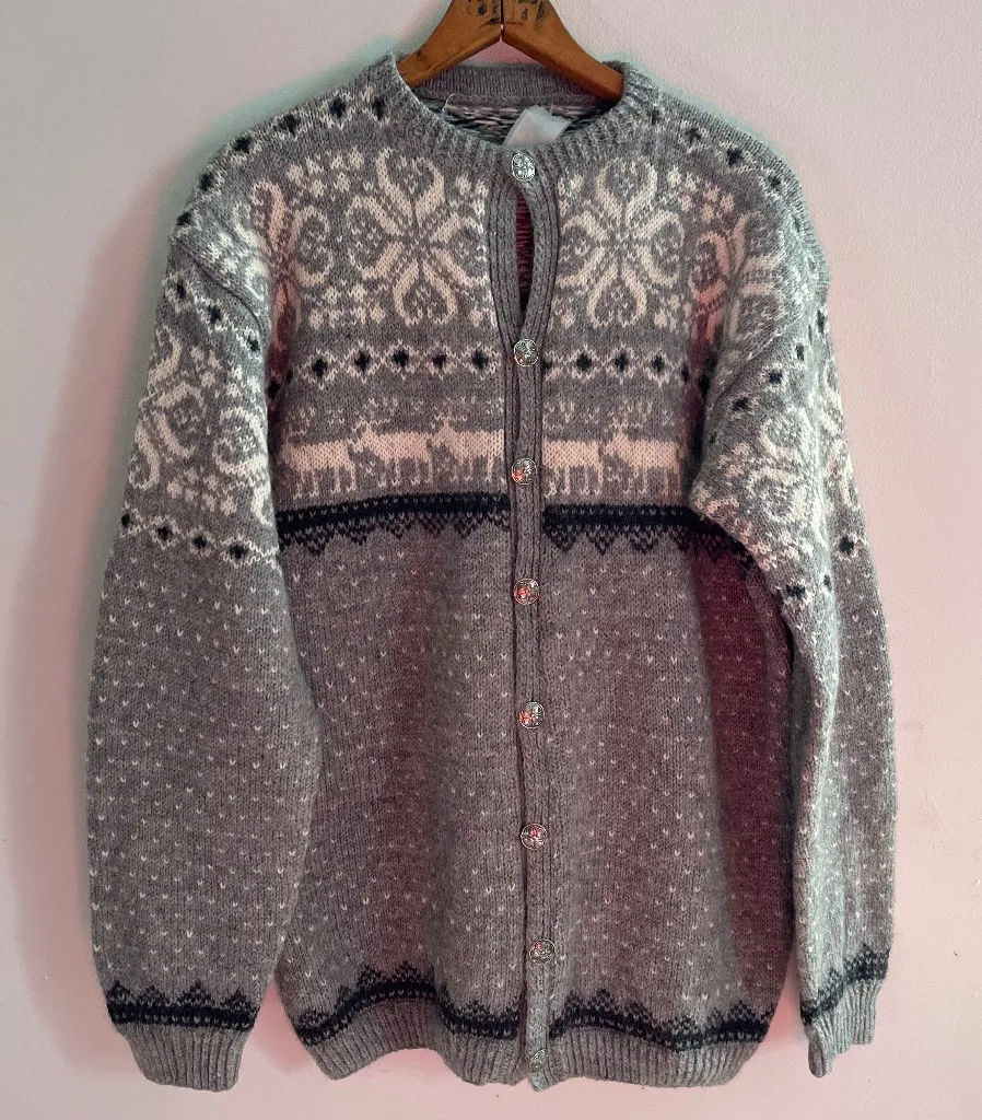 Vintage Fairisle Gray Navy Wool Cardigan Sweater Womens Deer Nordic Cabincore Size L - Image 1