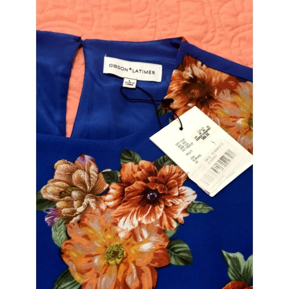 GIBSON LATIMER Women’s Shift Dress Size L  Blue Orange Floral Smocked Cuff Lined - Image 4