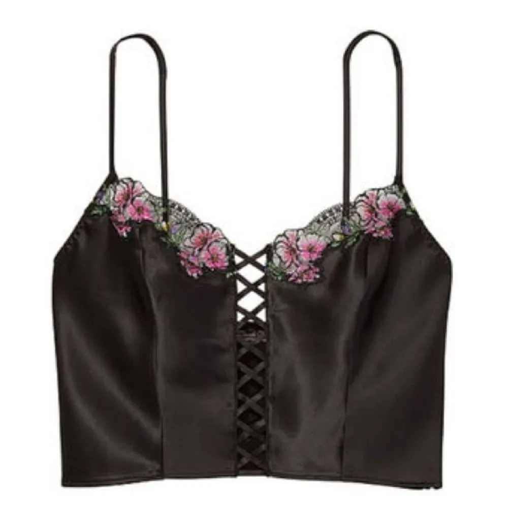 Victoria’s Secret Black Lace-Up Satin Cami with Floral Lace Embroidery Size XL - Image 3