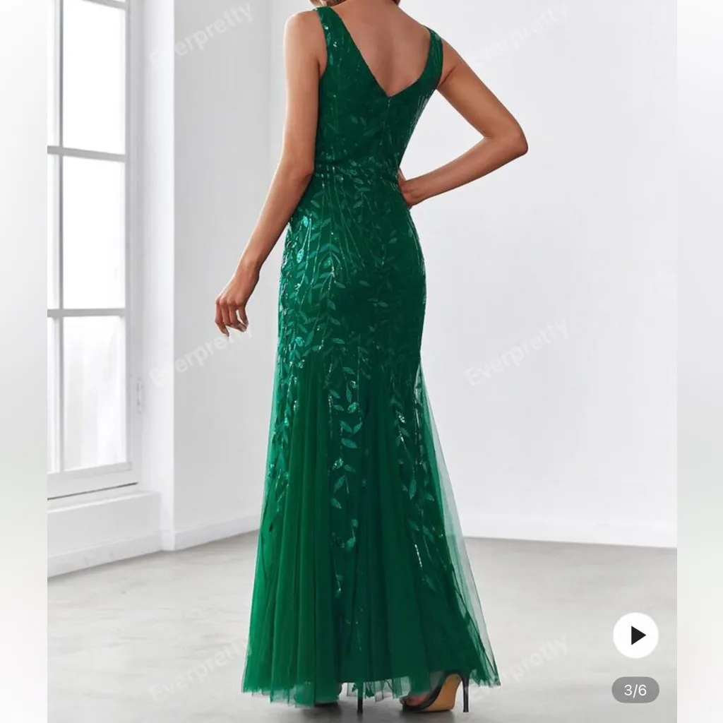 Elegant Pearl Embroidered V-Neck Fishtail Sparkly Floral Sequin Evening Dress - Image 2