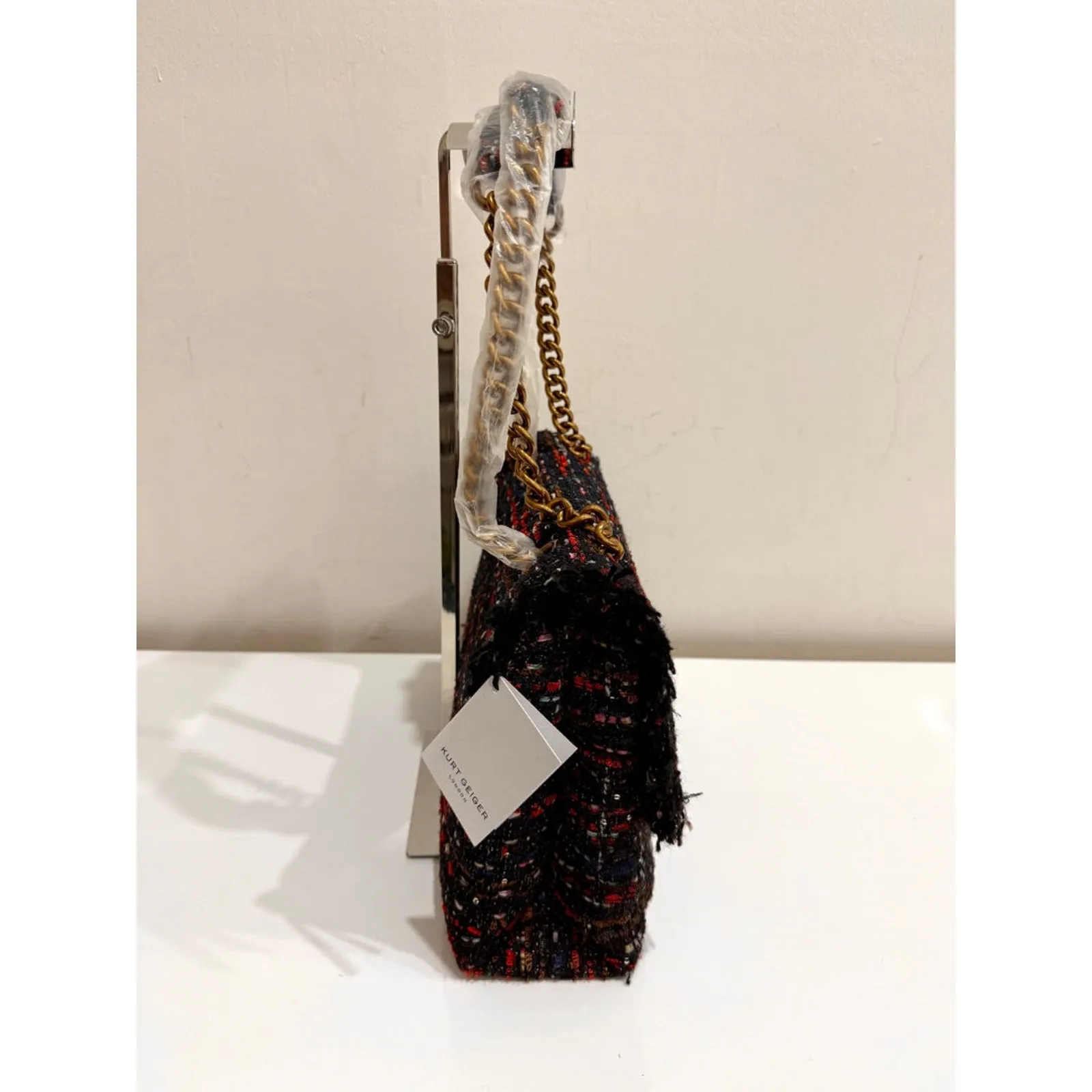 NWT Kurt Geiger Kensington Frayed Edges Chain Straps Tweed Bag Red Large - Image 4