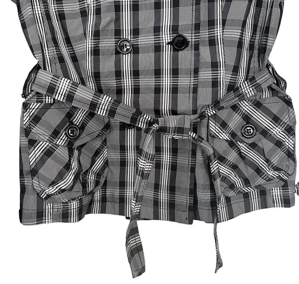 Blue Les Copains Black White Plaid Double Breasted Short Trench Coat Jacket - Image 5