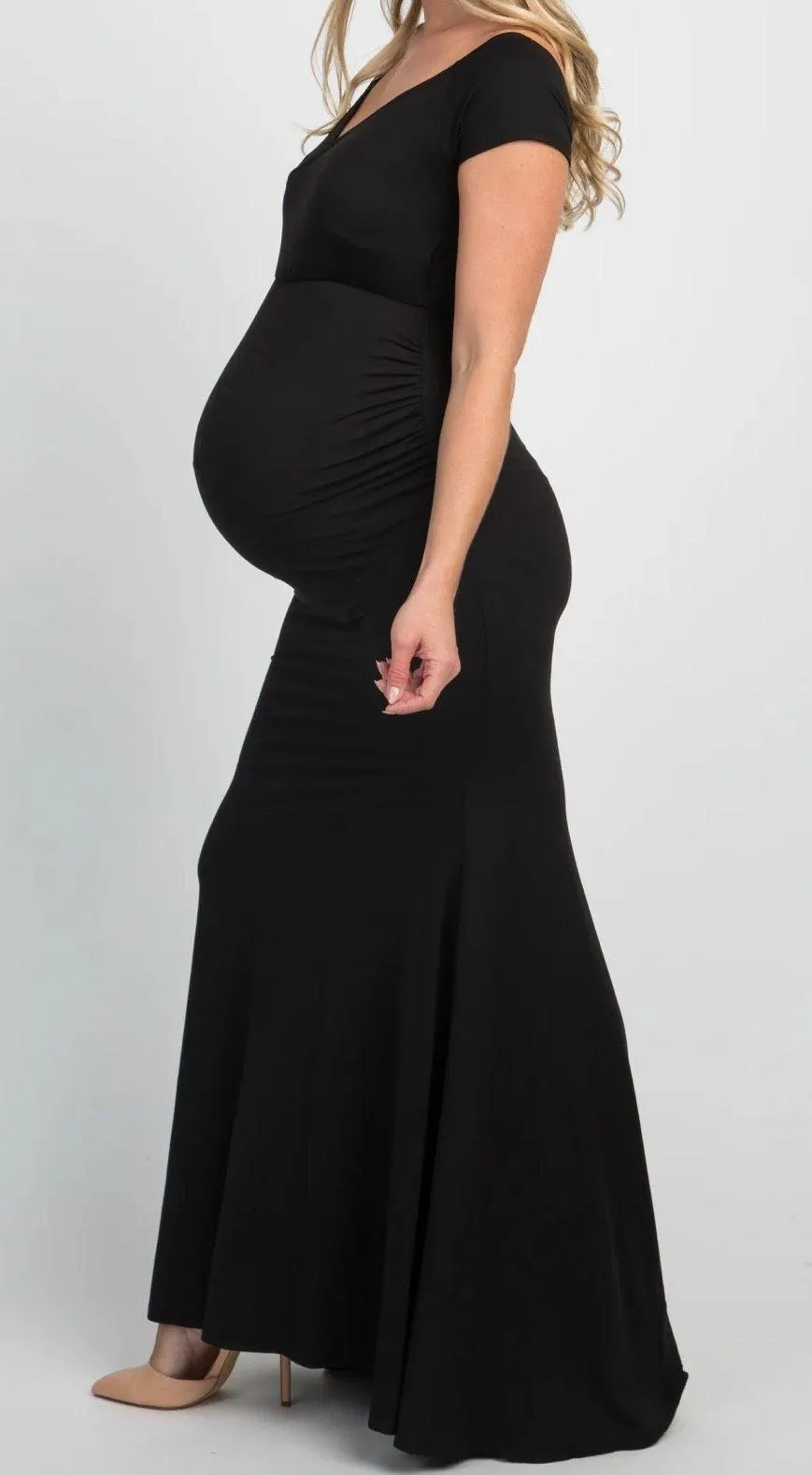 Black Off Shoulder Wrap Maternity Photoshoot Gown/Dress - Image 2