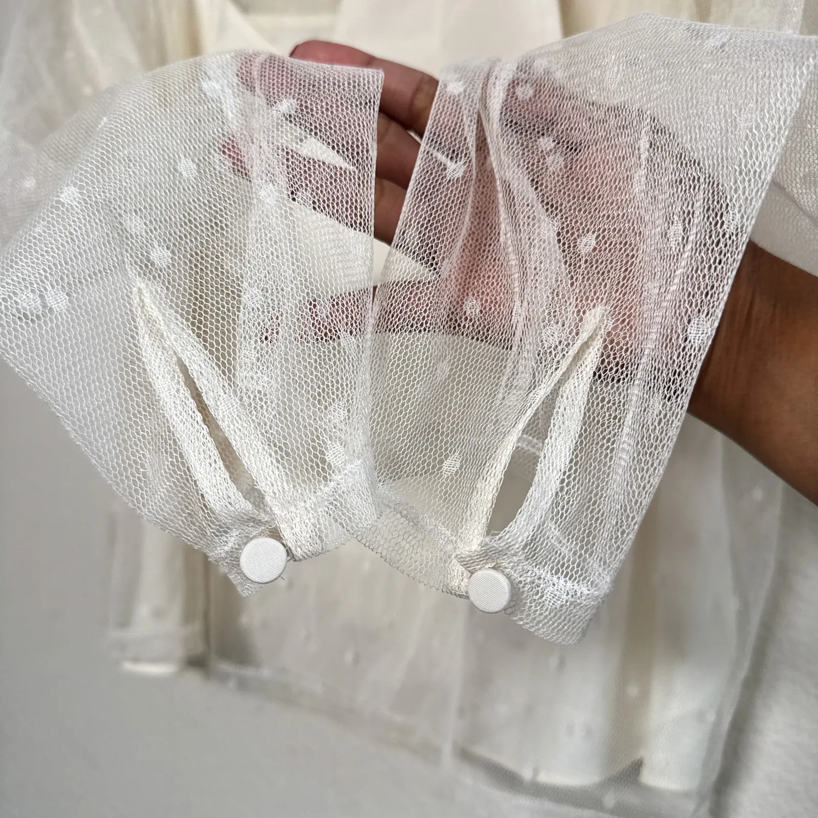 Express Ivory Sheer Swiss Dot Mesh Bow Tie Blouse Long Sleeve Top XL - Image 6