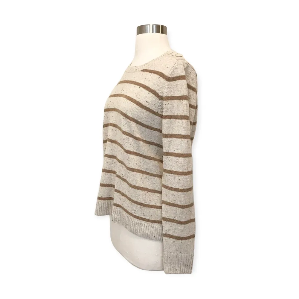 Caslon | Medium | Wool Blend Beige w/ Tan Stripes Long Sleeve Crew Neck Sweater - Image 2
