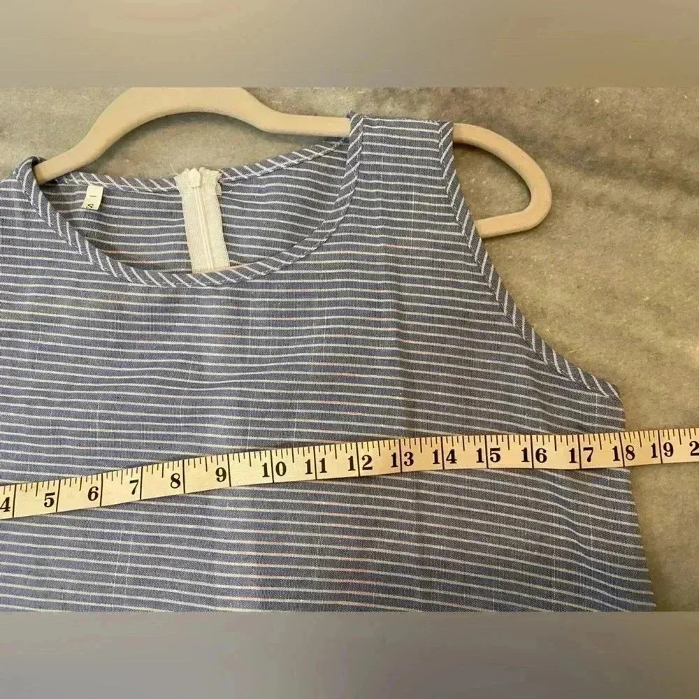 NWOT Blue White Stripe Sleeveless Zip Back Semi Sheer Pockets Maxi Dress Size S - Image 9