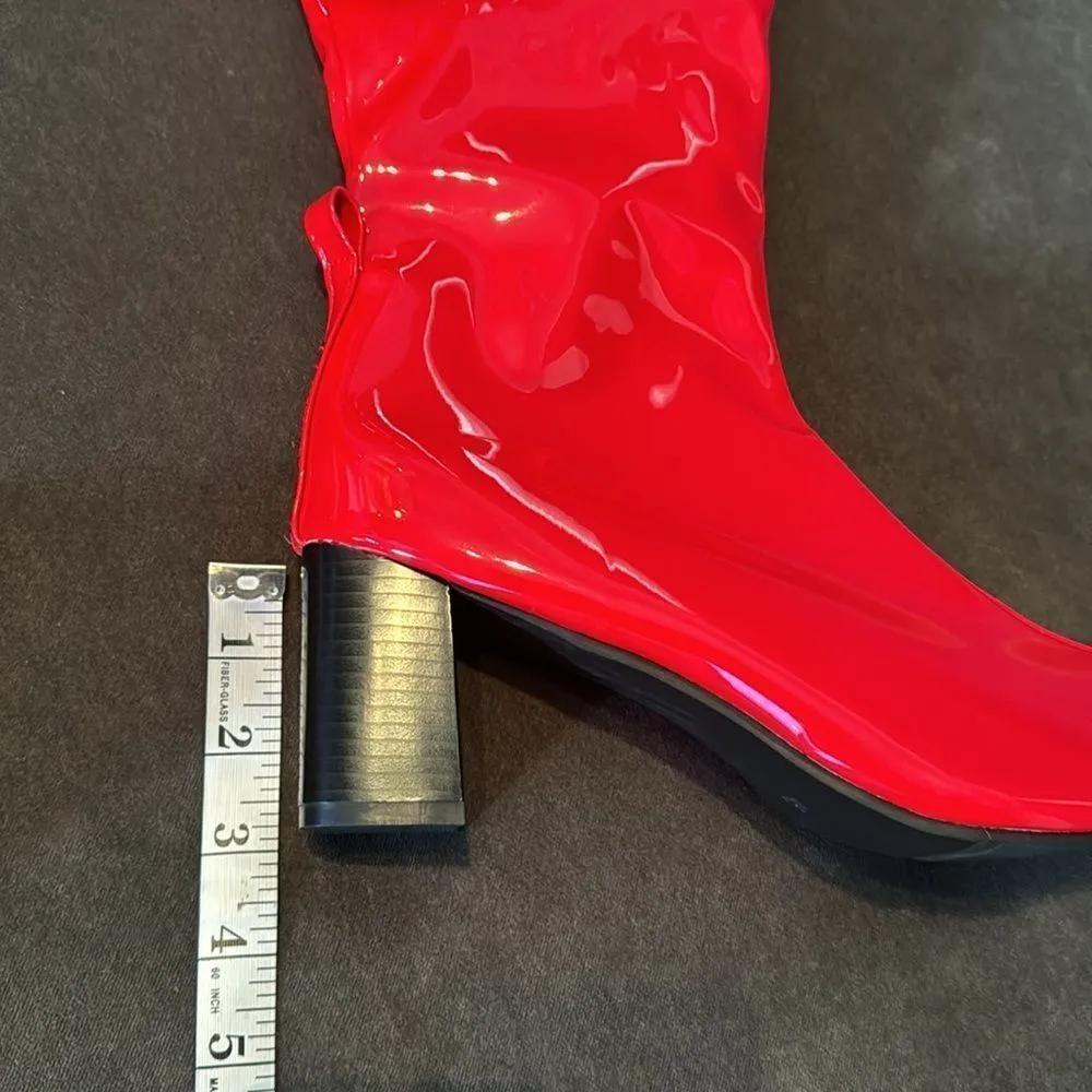 Women’s Shiny Red Knee High Zip Up Block Heel Boots Size 12 NEW - Image 6