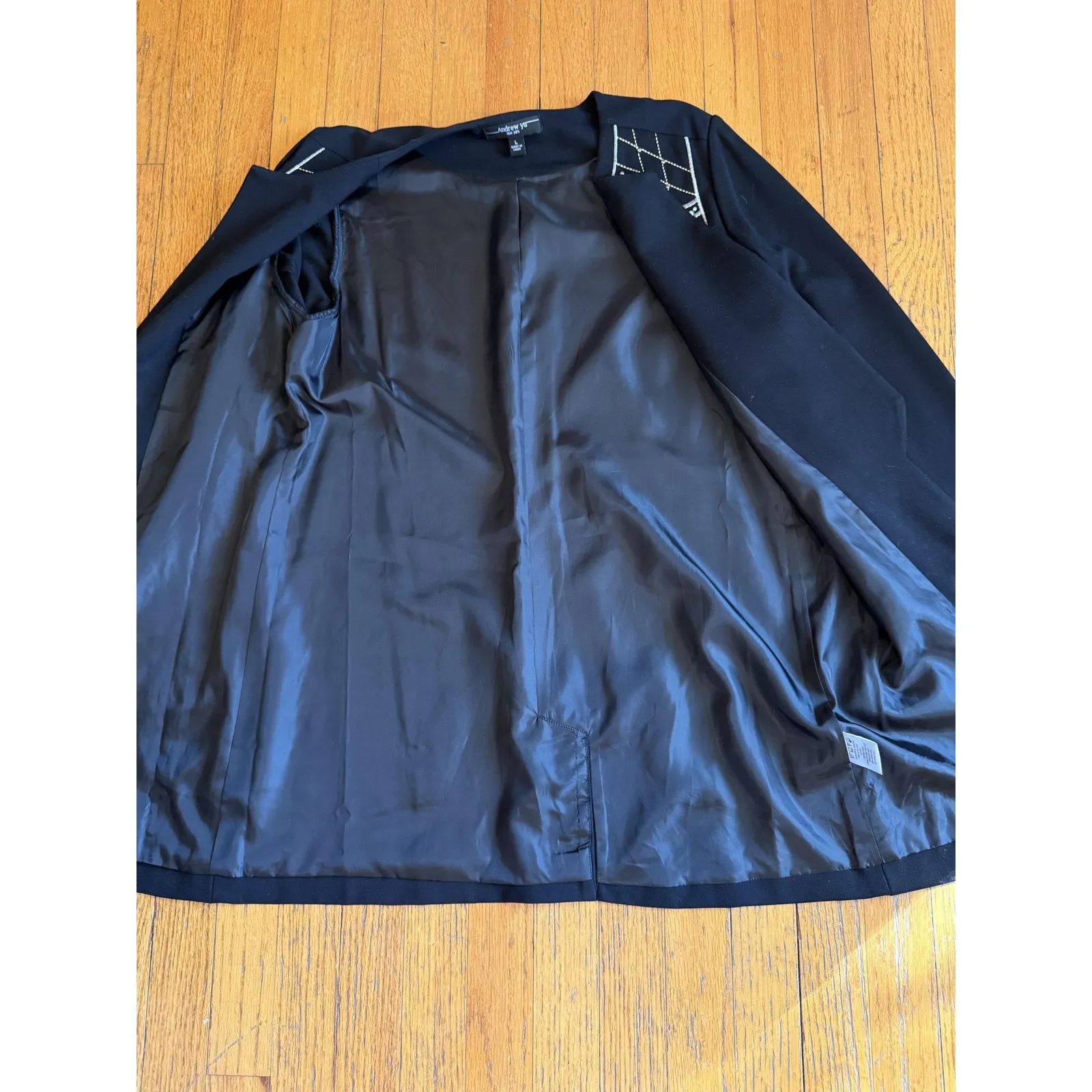 Andrew Yu Jacket Womens Large Black Embellished Embroidered Open Front Longline - Image 7