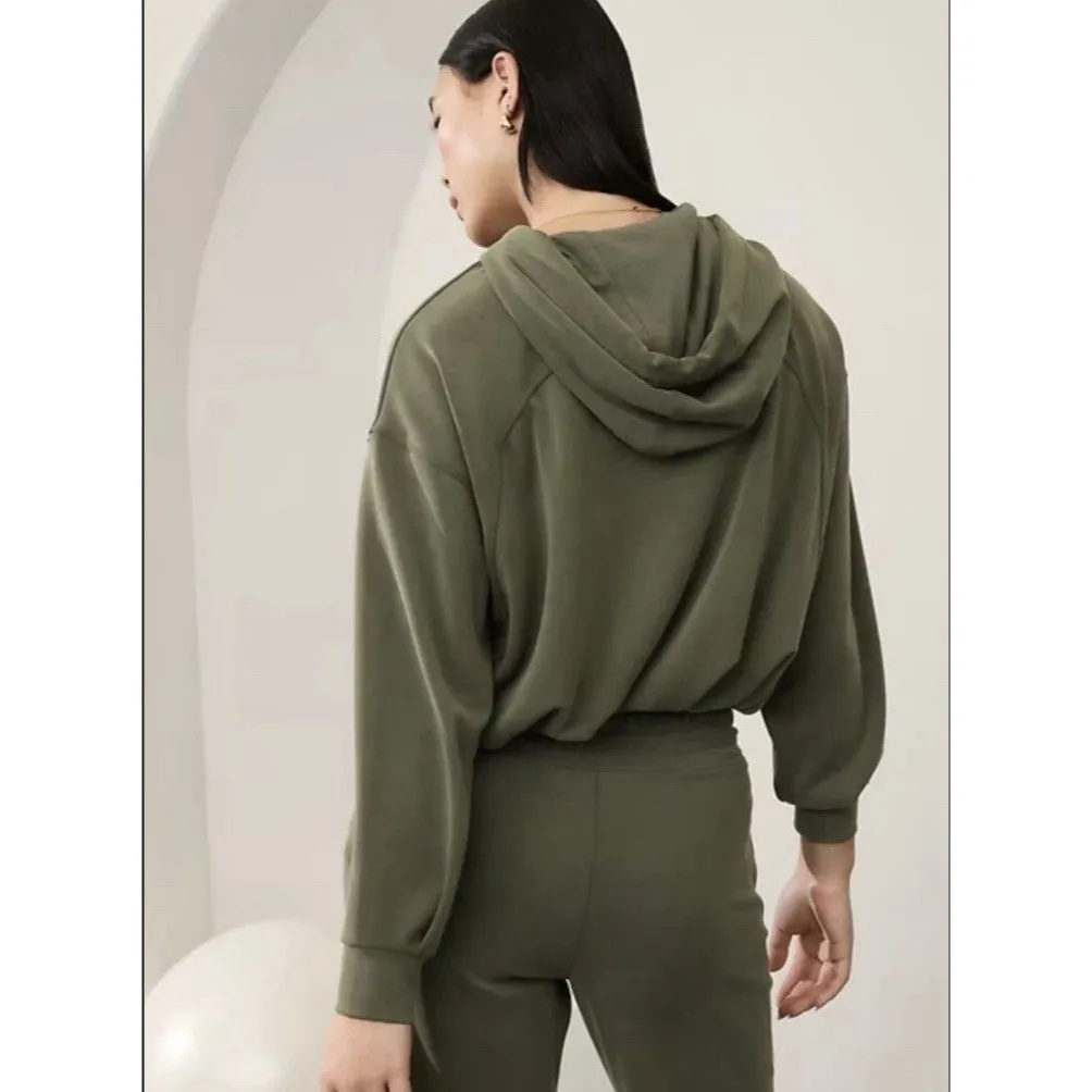 Athleta Seasoft HOODIE Bubble Hem Full Zip Aspen Olive Green Size LARGE - Image 2