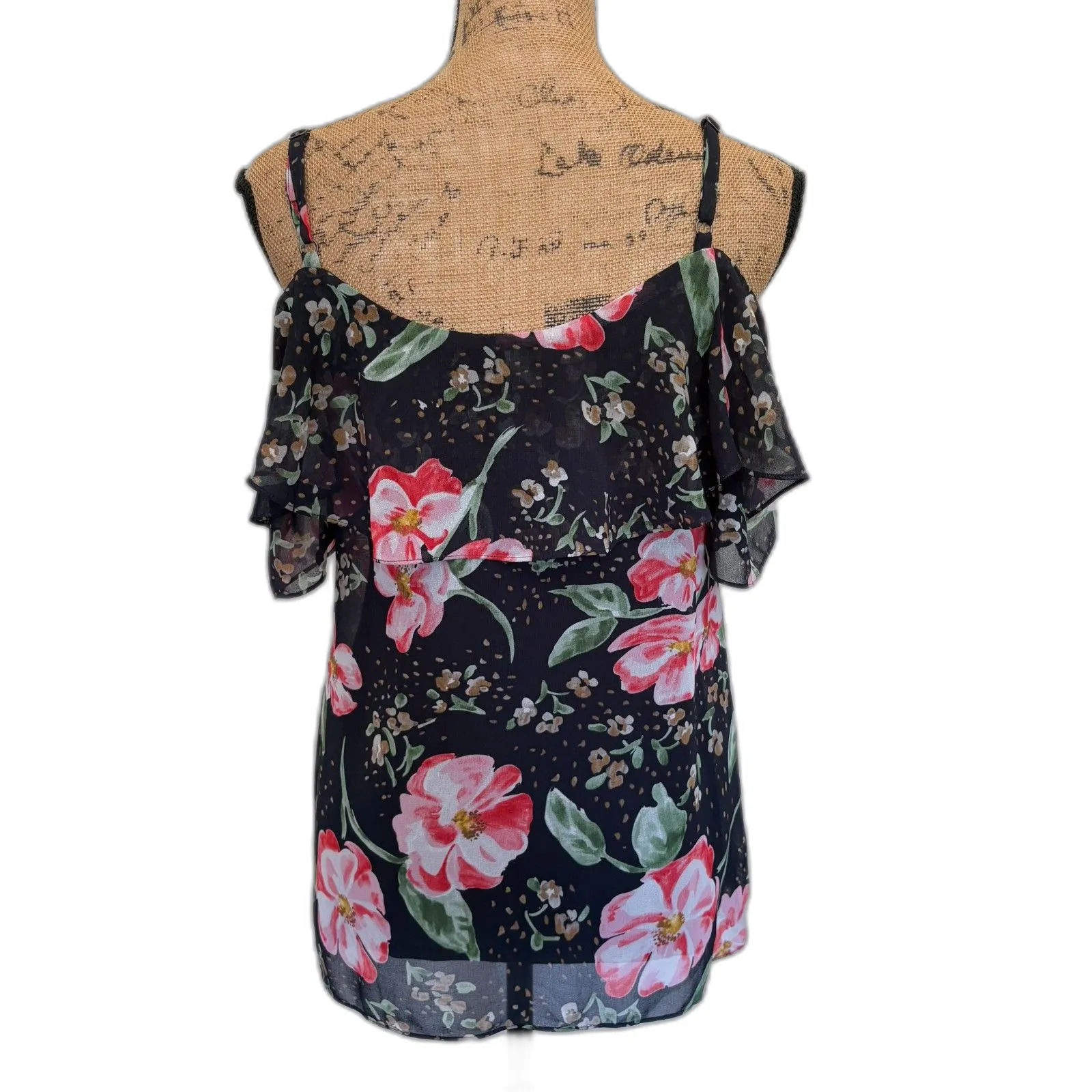 Cabi #5220 Fairytale Floral Blouse Cold Shoulder Romantic Black Pink Size XS‎ - Image 4