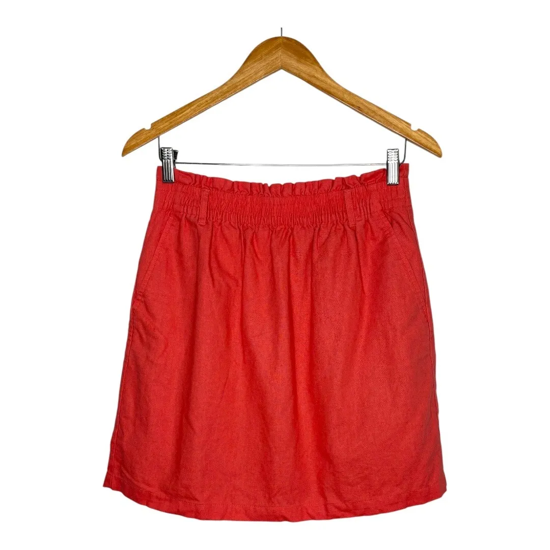 J. Crew Linen Blend Skirt Coral Orange Elastic Waist Pockets Women‎ Size Small - Image 3