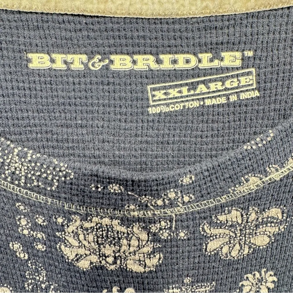 Western Waffle Thermal Shirt Navy Blue with Cream Flowers by Bit & Bridle - Image 4