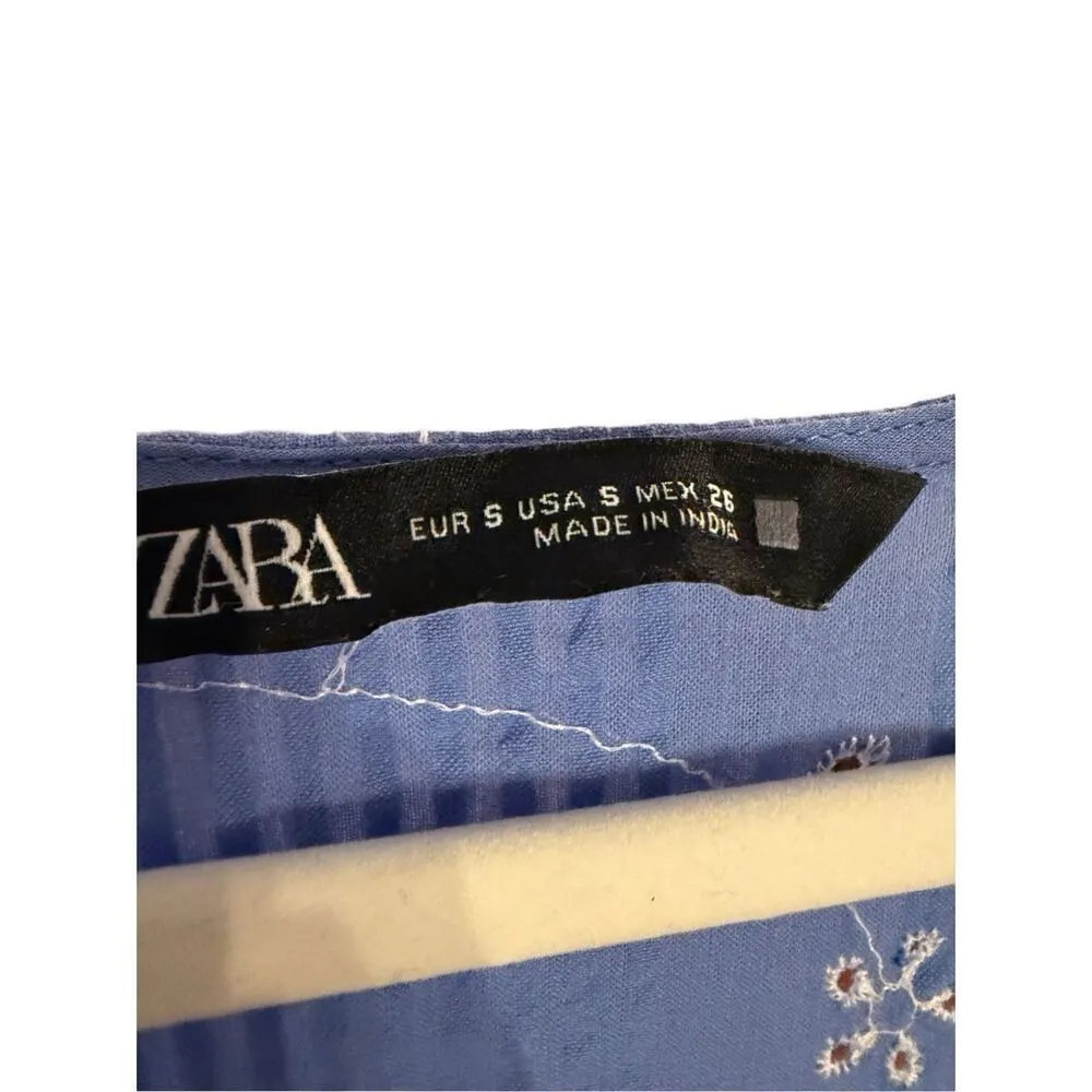 Zara Blue & White Short Embroidered Floral Tunic Flowy Dress Size S - Image 4