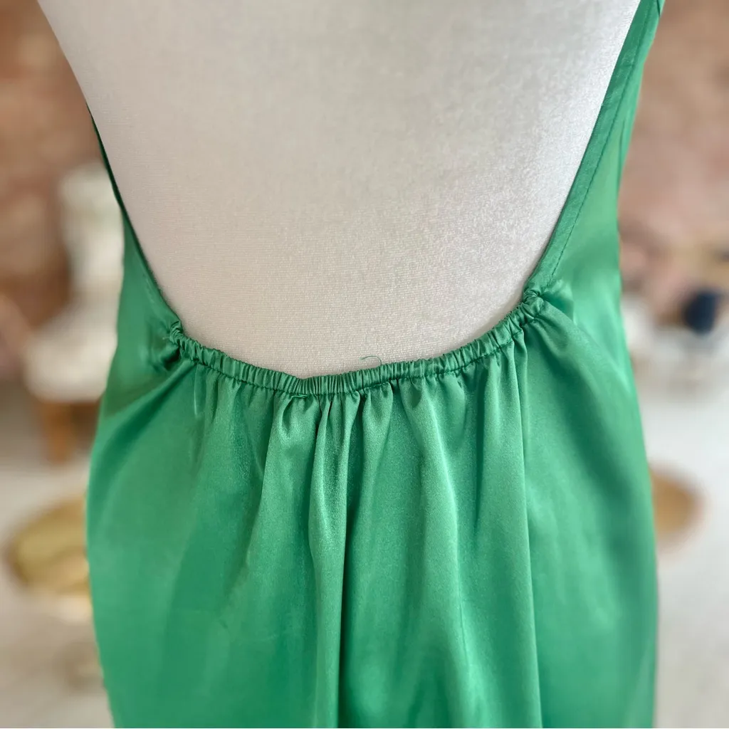 Flounce Dress Satin Mini Backless High Tie Neck Emerald Green 6 Halter Cocktail - Image 9