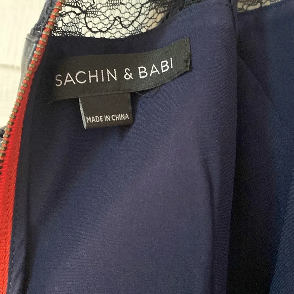 Sachin & Babi Navy Guineo Dress Midnight Navy Faux Leather Designer Lace Celeb‎ - Image 8