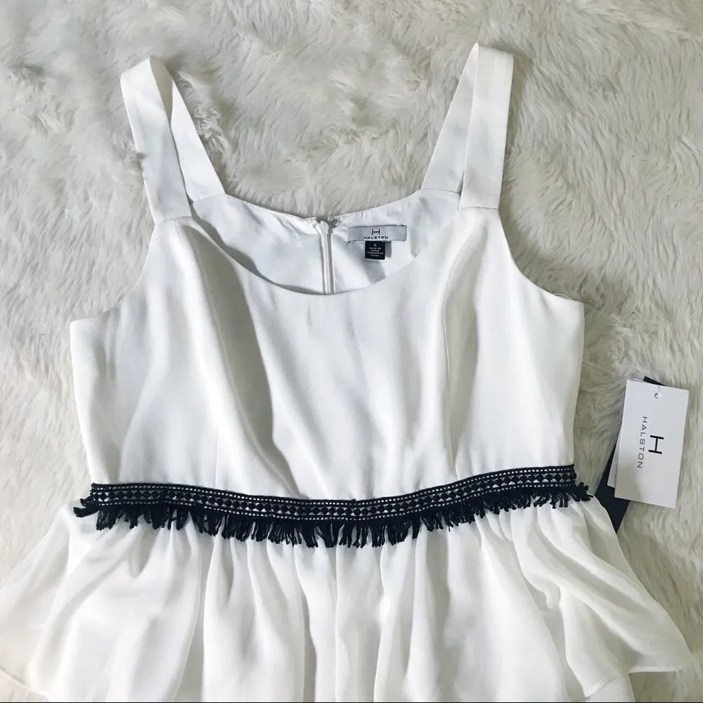 HALSTON White Black Sleeveless Fringe‎ Cocktail Dress Tiered Ruffle Size 6 New - Image 4