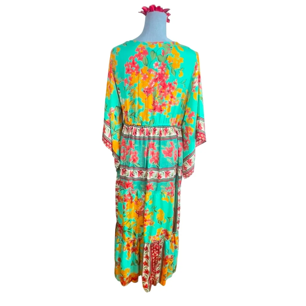 Me 2 Magic Dress Womens L Green Floral Boho Maxi Kimono Sleeves Lightweight Size L - Image 3