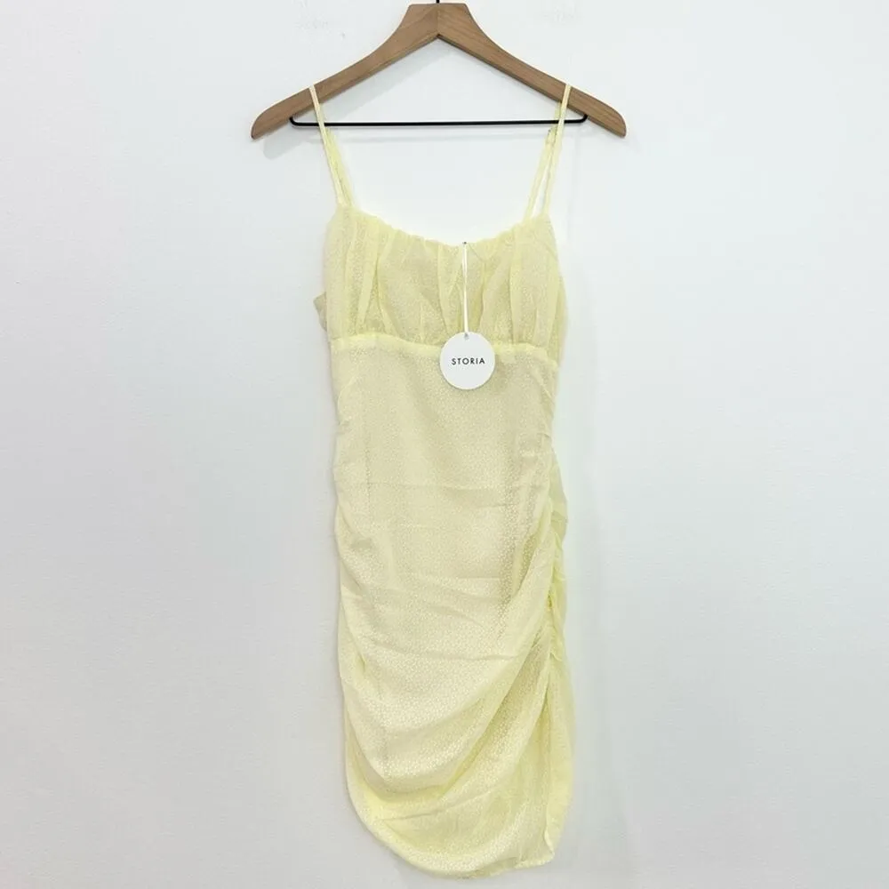 Storia Monochromatic Floral Print Mini Dress Yellow Floral Strappy Ruched Medium - Image 8
