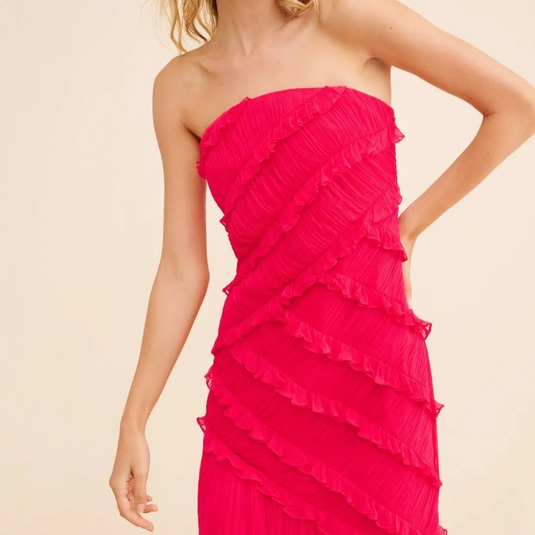 Anthropologie Maxi Dress XL Strapless Pink Ruffle Chiffon Goddess Coquette Boho - Image 4