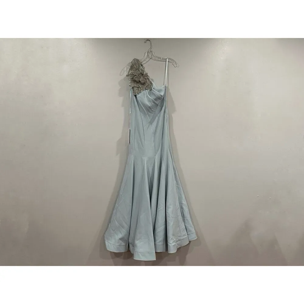 Mac Duggal 11810 Crepe One Shoulder Gown With Crystal Flower Powder Blue Sz 4 - Image 3