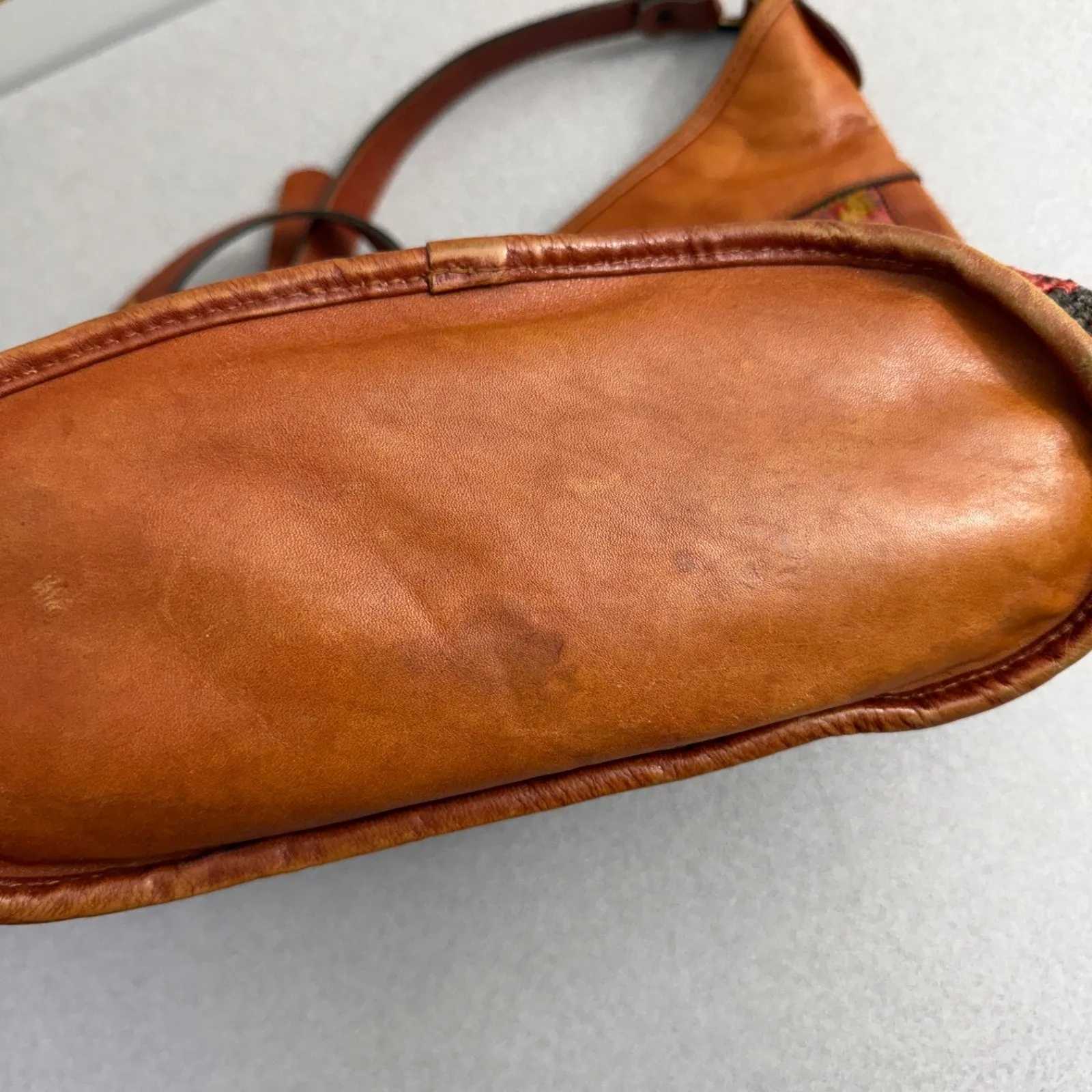 Vtg Yun Art Turkish Killim Purse Crossbody Shoulder Bag Carpet Wool Leather Zip Brown - Image 4