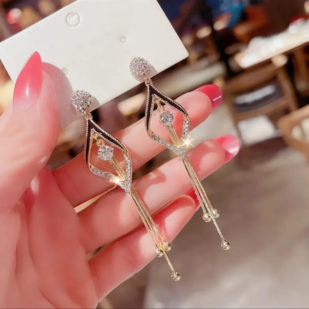 New Gold Color Long Crystal Tassel Dangle Earrings For Women Wedding Drop Earr Black - Image 6