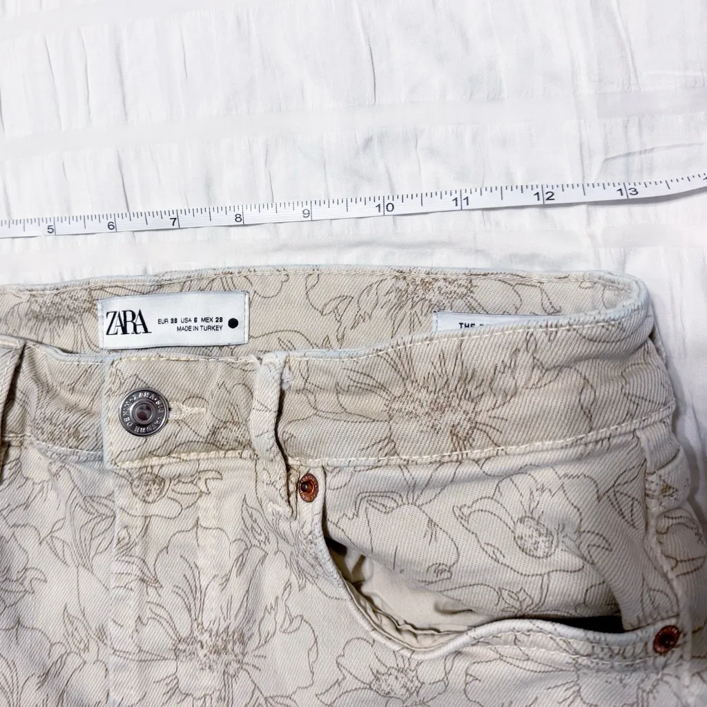 Zara The Dreed Flare Signature Crop Floral Jeans Pants Beige Tan Size 6 Ankle - Image 5