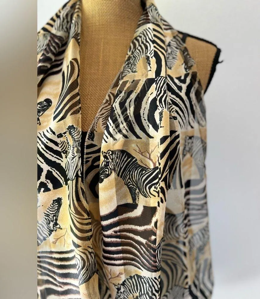90s / Y2K Zebra Print Animal Gold & Black Neck Satin Scarf - Image 5