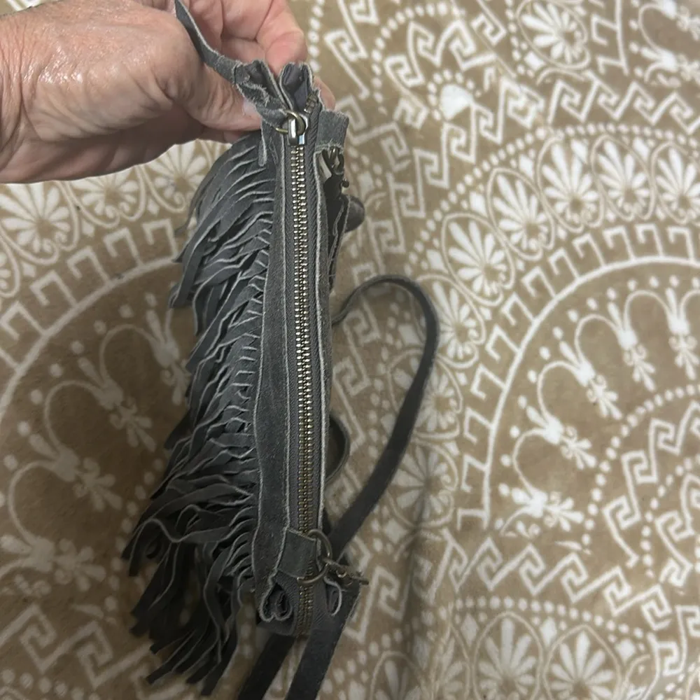Grey Leather Fringe Crossbody Bag Gray - Image 3