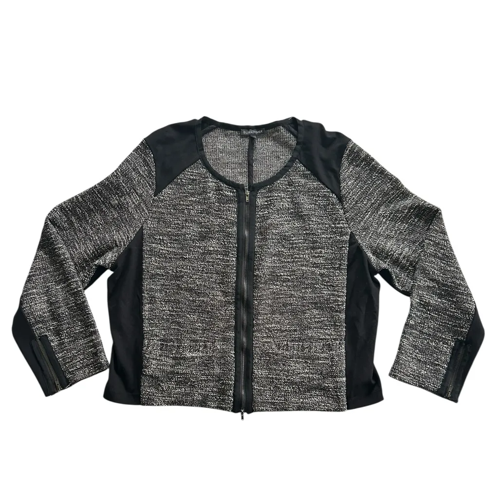 Eileen Fisher Tweedy Knitted Cotton Tweed Collarless Jacket Zipper Size XL - Image 3