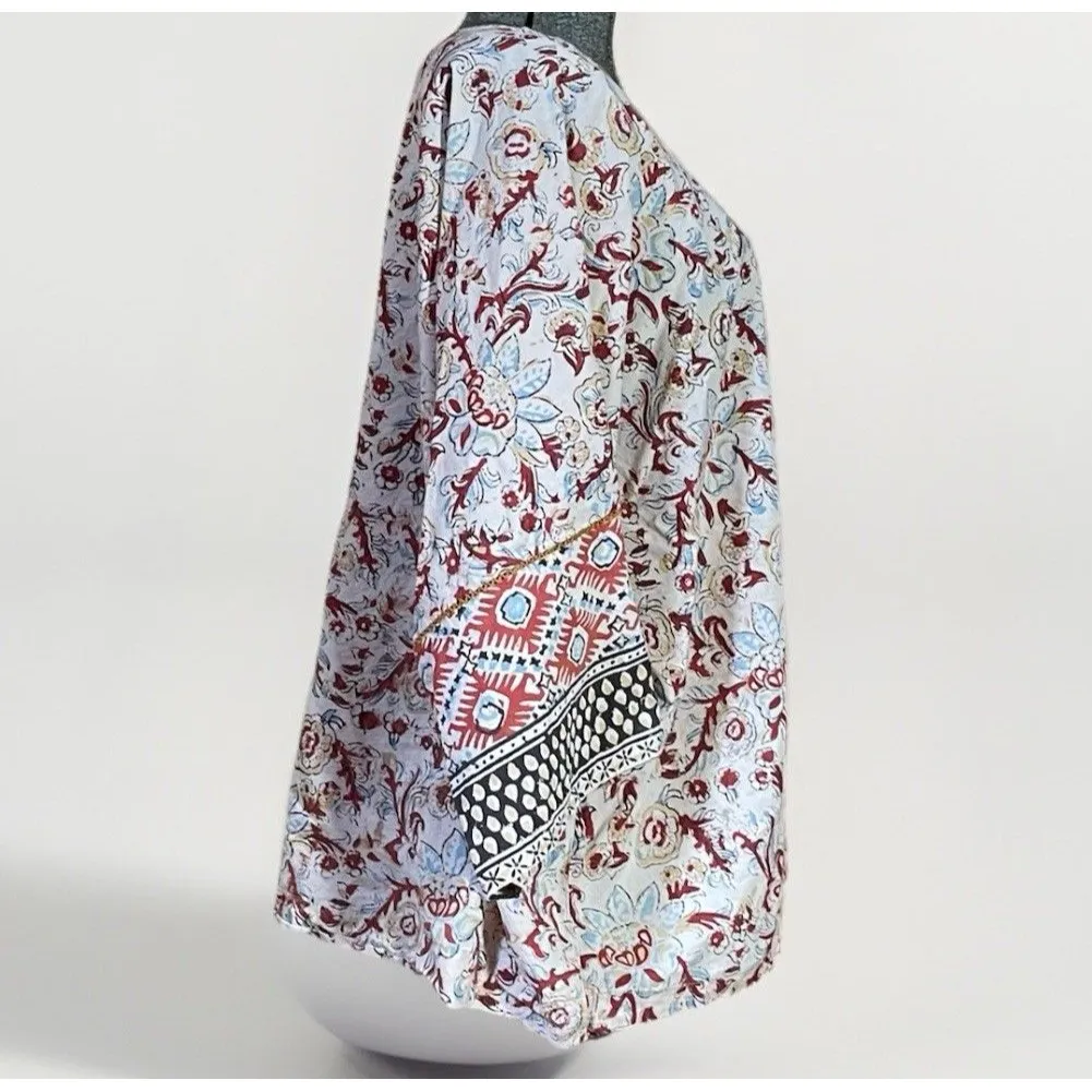 Pure Jill Top Womens 2X Organic Cotton Floral Batik Print Boxy India Boho shirt Tan - Image 4