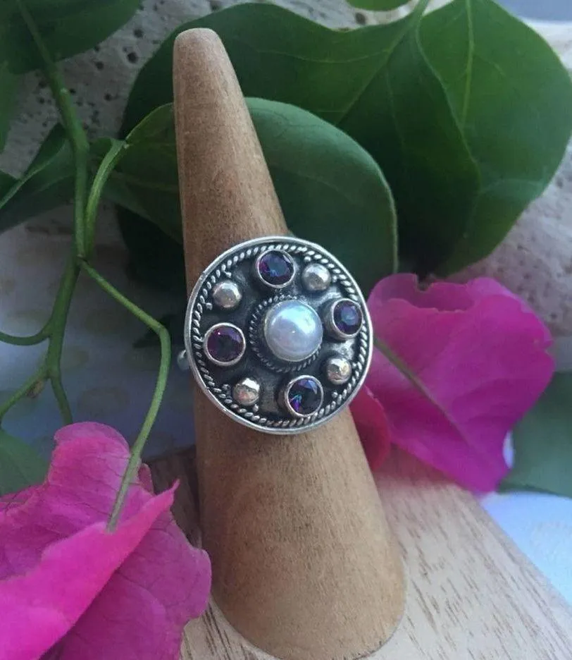 Natural White Pearl Rainbow Topaz Sterling Ring 8 - Image 2