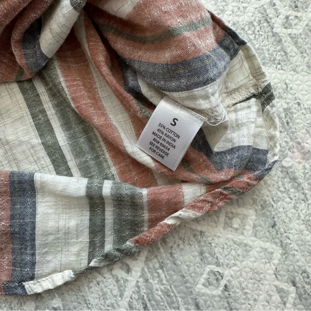 T. Rose Striped Tie Front Linen Bubble Sleeve Scoop Neck Keyhole Back Top Size S Purple - Image 15