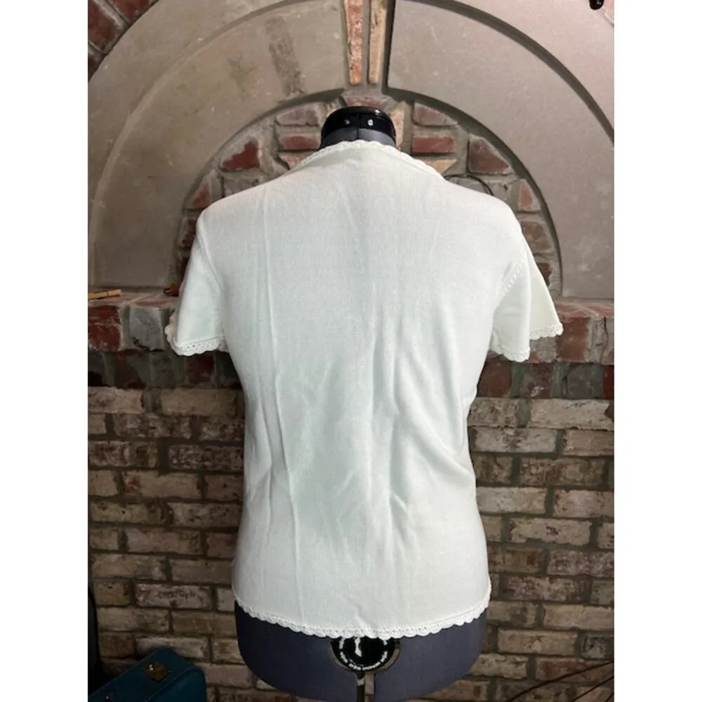 cardigan sweater white v neck scalloped trim Size XL - Image 5