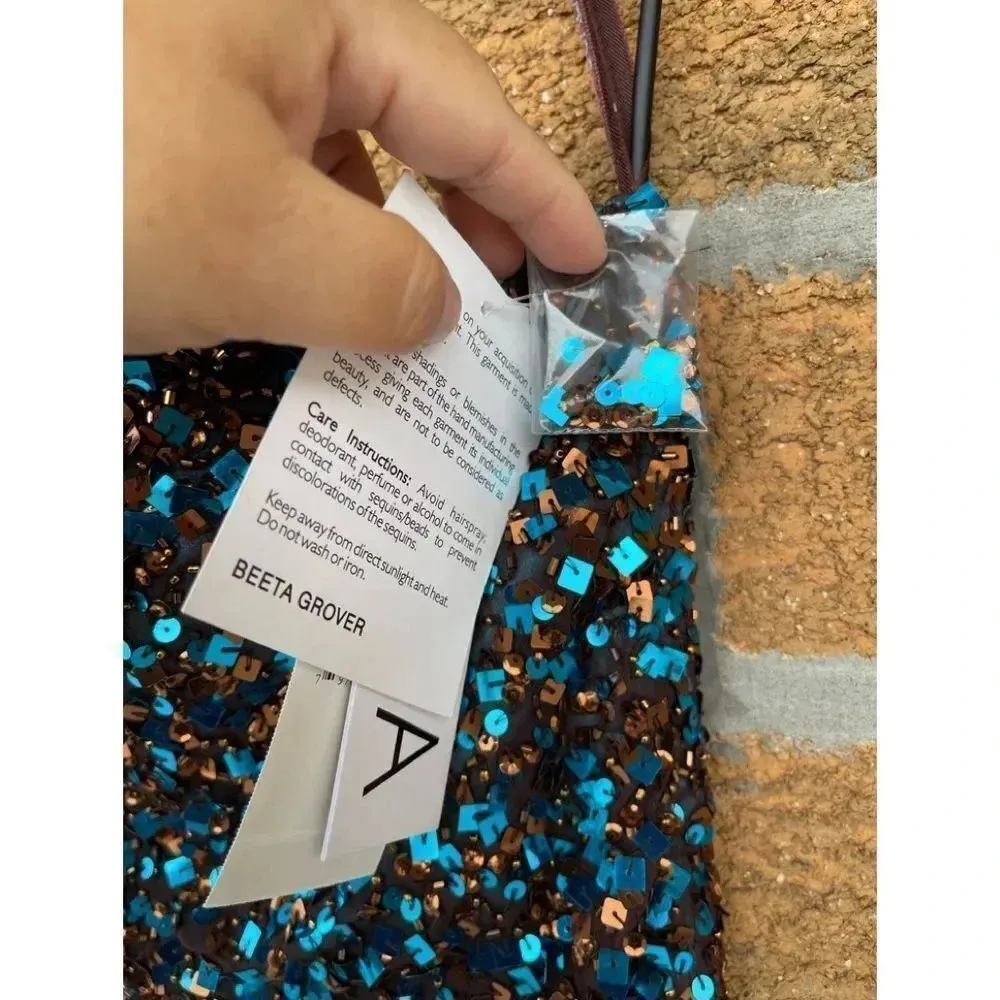 Scala brown / blue sequence dress sz 14 - Image 8