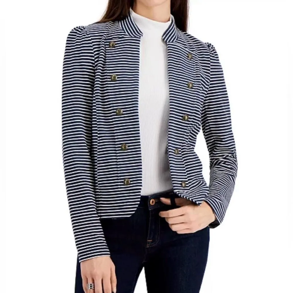 Tommy Hilfiger Stripe Puff Sleeve Jacket Large With Pockets Navy - Image 2