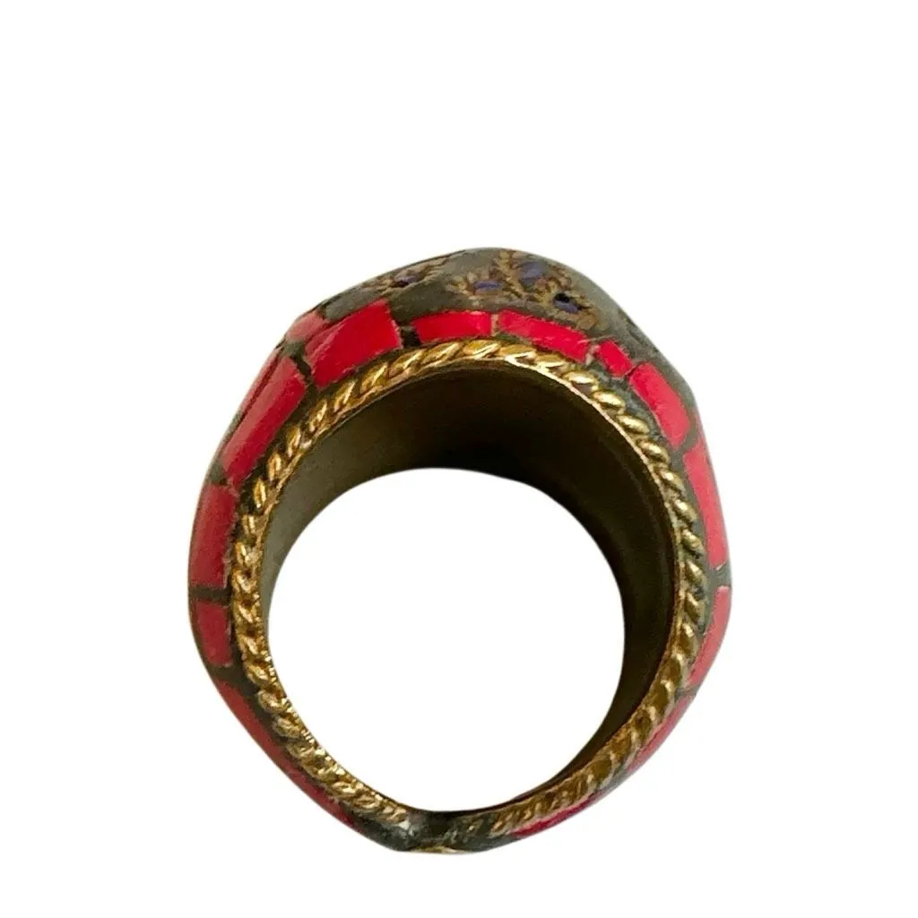 Tribal Nepalese Mosaic Ring – Coral & Lapis Inlay, Brass Setting Red - Image 14