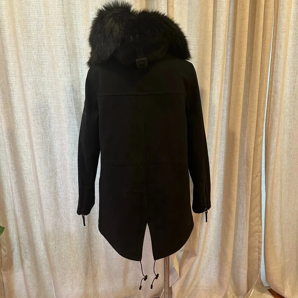 Calvin Klein Black Winter Coat sz L Hooded Coat Wool Coat Faux Fur Trim - Image 9
