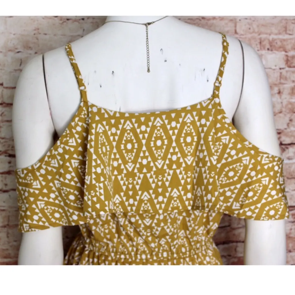 Indulge | Cold Shoulder Yellow Gold Patterned Ruffle Mini Dress - Image 5