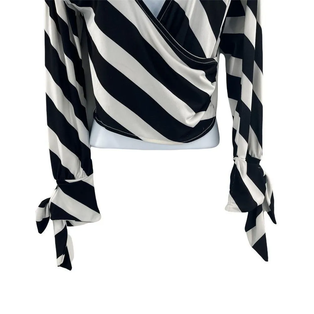 2/$30 TOPSHOP Striped Tie Sleeve V-Neck Wrap Blouse Top Shirt Bell Sleeve Black - Image 4