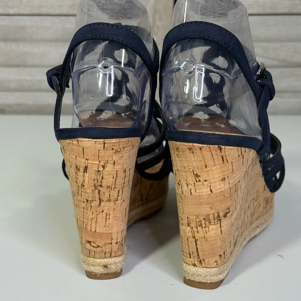 LIMELIGHT "Sonia" Strappy Wedge Cork Sandals Navy Blue-9 - Image 3