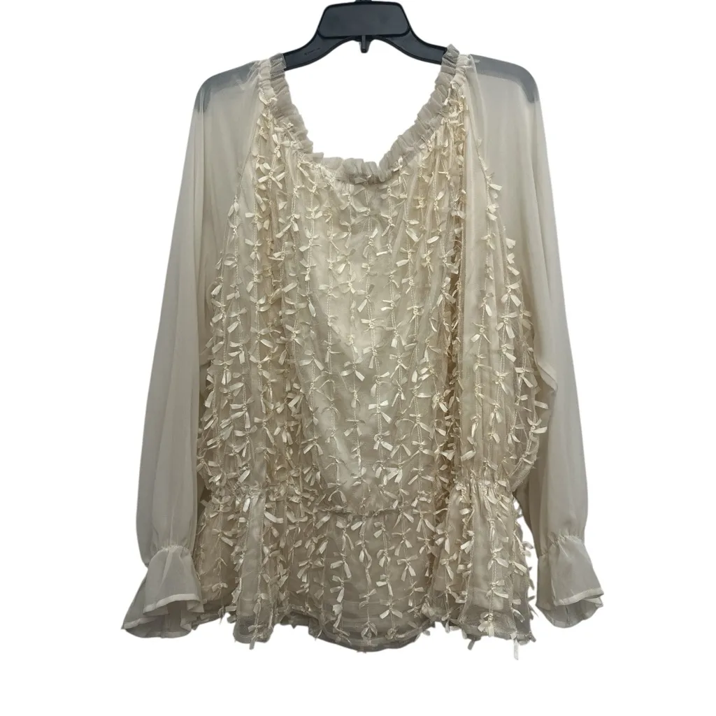 Badgely Mischka American Glamour Mesh Overlay Bow Blouse Size 3X Cream Feminine - Image 2