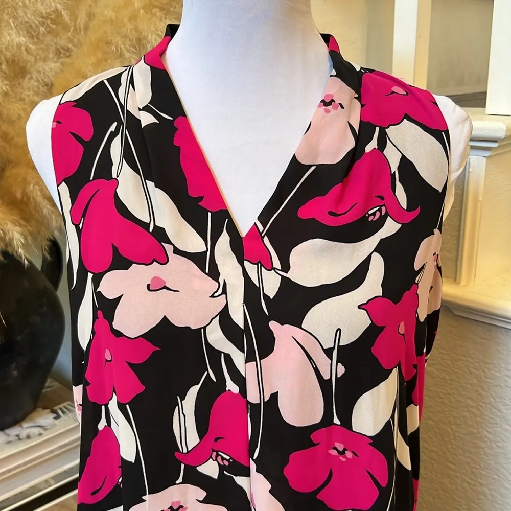 Sleeveless Chiffon Float Dress X-Small Black Pink Floral V-Neck - Image 3